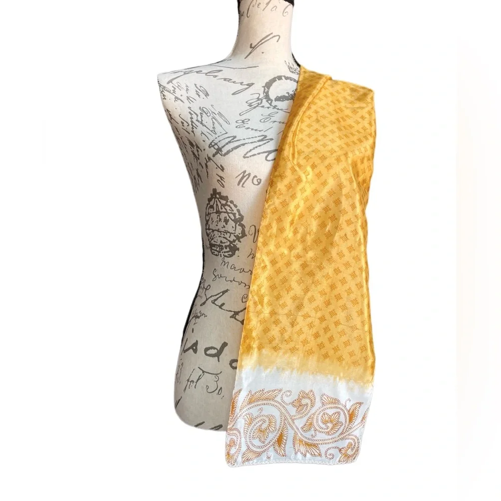 Vintage Yellow Patterned Silk Scarf Organic Scroll